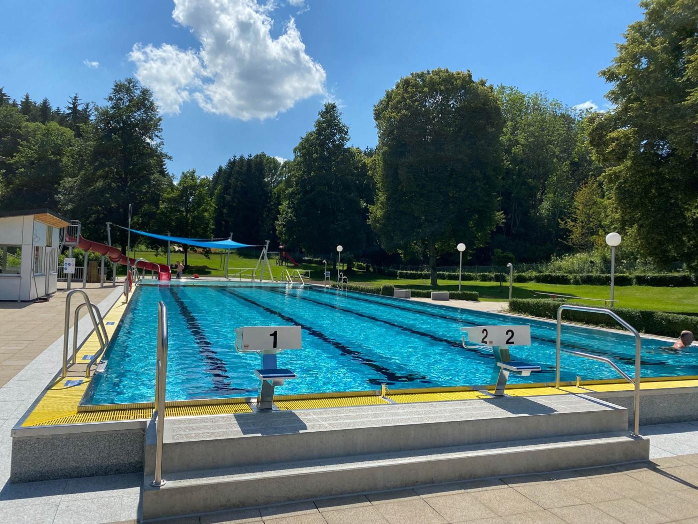 Zusehen ist das Schwimmbecken des Sofienbades mit zwei Sprungblöcke