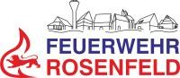Logo Feuerwehr Rosenfeld Darauf zusehen ist links eine Flamme mit einem Löwen daneben die Schrift Feuerwehr Rosenfeld und darüber die Skyline von Rosenfeld