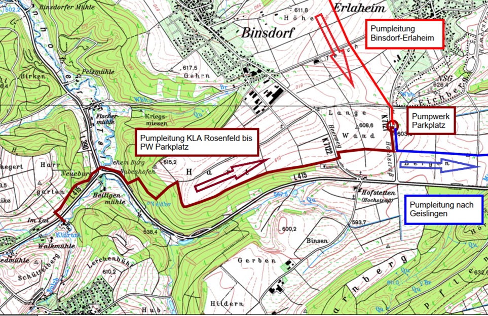 Trassen der geplanten Anschlussdruckleitungen von Rosenfeld bis Geislingen und Geislingen-Binsdorf bis Geislingen, Ersteller: Ingenieurbüro SWECO